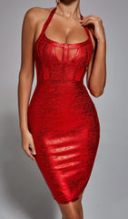 Red Halter Metallic Bandage Mini Dress