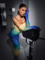 Gradient Mesh Dress With Gloves In Blue