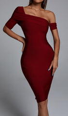 Red Irregular Neck Midi Bandage Dress