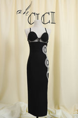 Black Crystal Cutout Midi Bandage Dress