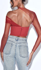 MIAH Burgundy STRETCH Mesh Sleeve Corset Top