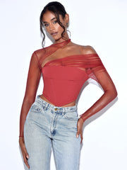 MIAH Burgundy STRETCH Mesh Sleeve Corset Top