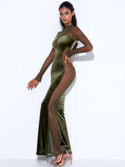 Olive Green Velvet Mesh Long Sleeve Gown