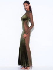 Olive Green Velvet Mesh Long Sleeve Gown