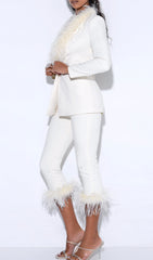 Cream White Blazer Suit With FeaTher Trim