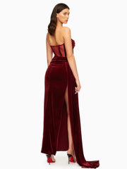Burgundy DrapIng Crystal Corset High Slit Velvet Gown