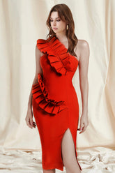 Red One Shoulder Midi Bandage Dress