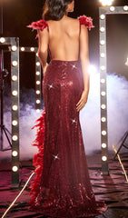 V Neck Sequin FeaTher Backless Maxi Dress
