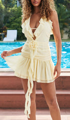 V Neck Flower Ruffle Mini Dress In YelLow