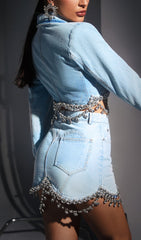Crystal Fringe Chain Denim Suit