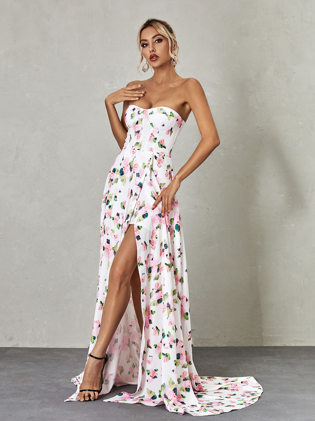 Strapless Floral Split Maxi Dress