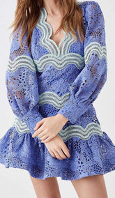 Lace Sleeve Trim Detail Mini Dress In Blue