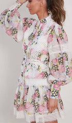 Lace Trim Lantern Sleeve Mini Dress In Floral