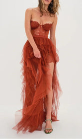 Lace Corset Slim Maxi Dress In Red