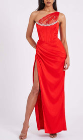 Lace Glitter Corset Midi Dress In Wine