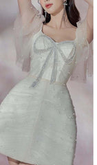 Lace Sleeve Bow Mini Dress In White