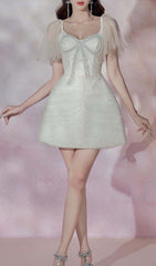 Lace Sleeve Bow Mini Dress In White