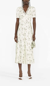 Lace Trim Floral-Print Midi Dress In Light GrayISH