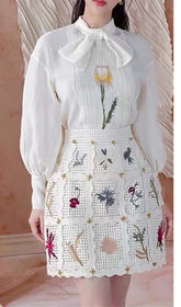 Lantern Sleeve Embroidery Two Piece Set In White