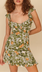 LEAF FRUIT Print Ruffle Mini Dress In Green