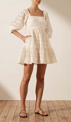 Linen SquAre Neck Mini Dress - RICE