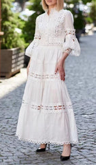 Long Puff Sleeves FlAred Tiered Midi Dress In White
