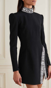Long-Sleeve Crystal Trim Mini Dress In Black