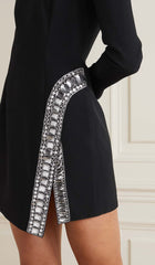 Long-Sleeve Crystal Trim Mini Dress In Black