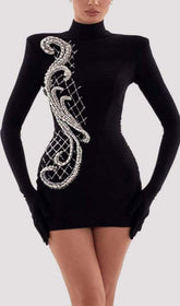 Long Sleeve Embroidered Mini Dress In Black