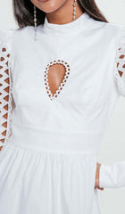 Long Sleeve Eyelet EmbelliSHMENT Mini Dress In White
