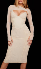 Long Sleeve Midi Dress In Beige