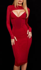 Long Sleeve Midi Dress In Wine Red