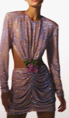 Long-Sleeve Crew Neck Glitter Mini Dress In Mahogany Wood