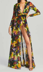 Long Sleeve Chiffon Maxi Dress In Multicolor