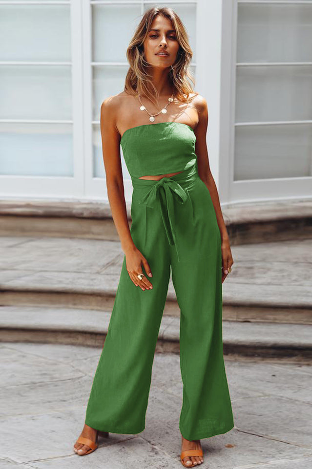 Casual Loose Strapless Belted Jumpsuit