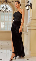 Black Velvet Sequin Strapless Slit Maxi Dress
