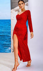 Red Sequin Long Sleeve One Shoulder Slit Maxi Dress