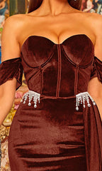 Brown Velvet Off Shoulder Rhinestone Slit Maxi Dress