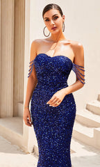Blue Sequin Strapless Maxi Dress