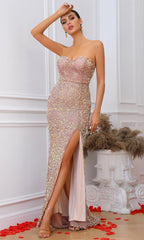 Pink Strapless Sequin Slit Maxi Dress