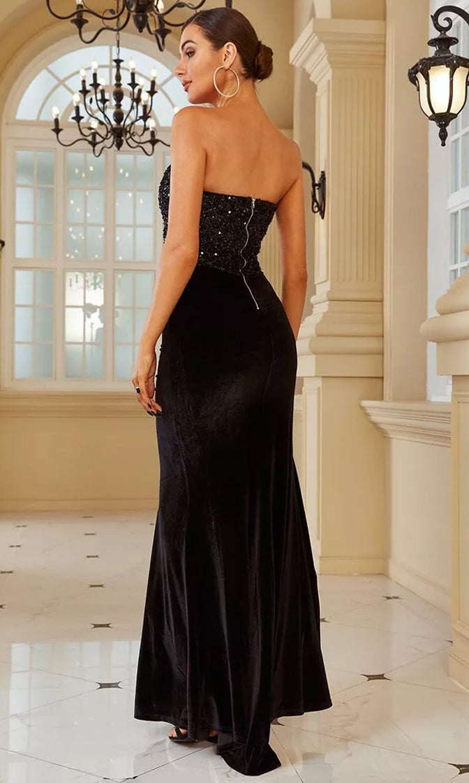 Black Velvet Sequin Strapless Slit Maxi Dress