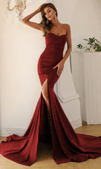 Burgundy Strapless Slit Mermaid Maxi Dress