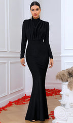 Black Long Sleeve Draped Mermaid Maxi Dress