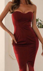 Burgundy Strapless Slit Mermaid Maxi Dress