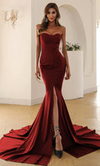Burgundy Strapless Slit Mermaid Maxi Dress