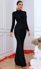 Black Long Sleeve Draped Mermaid Maxi Dress