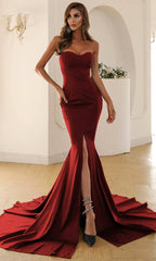 Burgundy Strapless Slit Mermaid Maxi Dress