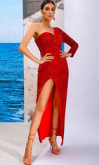 Red Sequin Long Sleeve One Shoulder Slit Maxi Dress
