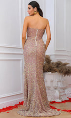 Pink Strapless Sequin Slit Maxi Dress