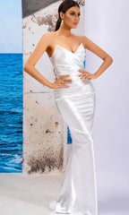 White Satin Strapless Slim Maxi Dress